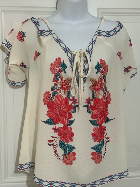 Flying Tomato Tops - Flying Tomato Cream Tunic with Red Floral Embroidery and Blue Trim